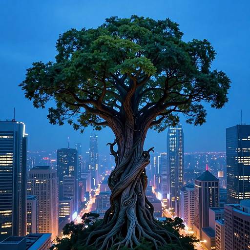 Giant, twisted tree with dense foliage towers over a glowing cityscape of skyscrapers and illuminated streets at twilight. Digital artwork.