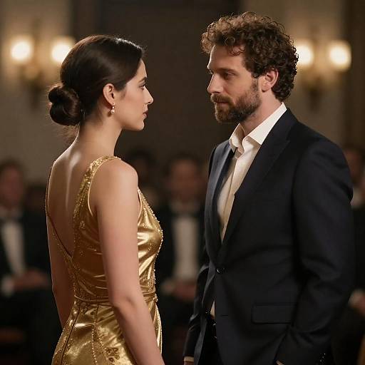 Photograph of a man in a black suit and white shirt, and a woman in a gold, backless dress, standing close, facing each other