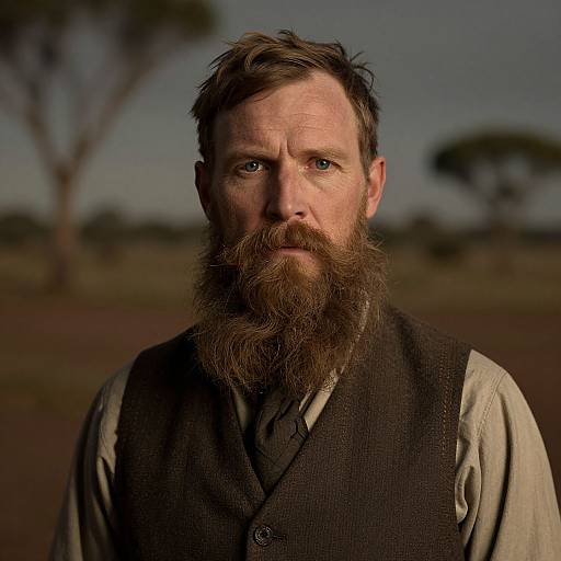 Photograph of a middle-aged Caucasian man with a full brown beard, blue eyes, and short brown hair, wearing a dark vest over a beige shirt