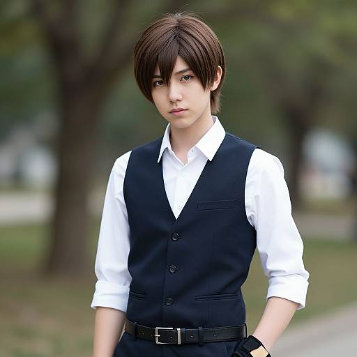 Photorealistic digital portrait of a young Asian man with brown hair, wearing a white shirt and black vest, standing in a blurred park background.