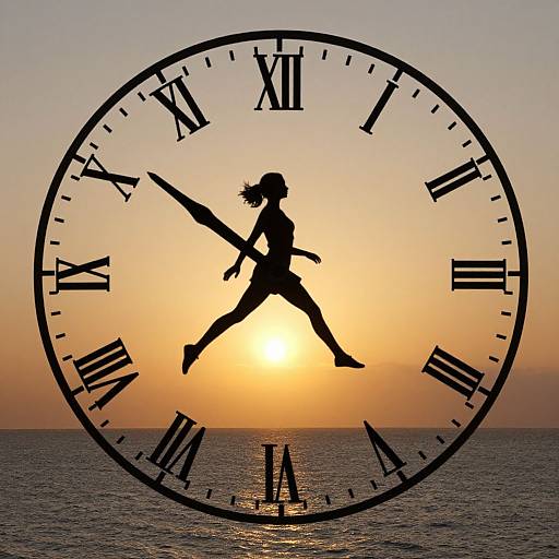 Silhouetted anime girl with katana leaping on oversized clock face against sunset over ocean, Roman numerals visible, digital art.