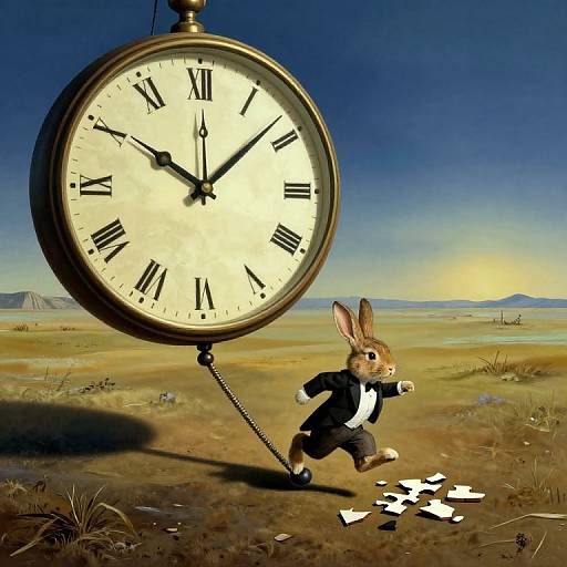 Photograph-style digital art: anthropomorphic rabbit in black suit runs towards oversized clock, with clock shadow and scattered paper in desert landscape.