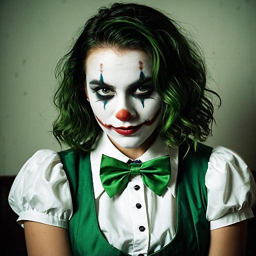 Photograph of a young woman with green-tinted, wavy hair, white face paint, black clown makeup, red nose, and green bow