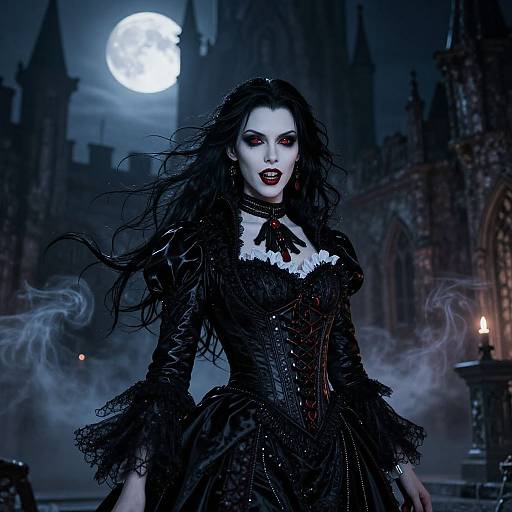 Gothic-style woman with pale skin, dark lipstick, and black lace dress stands under a full moon in a misty, gothic cathedral.