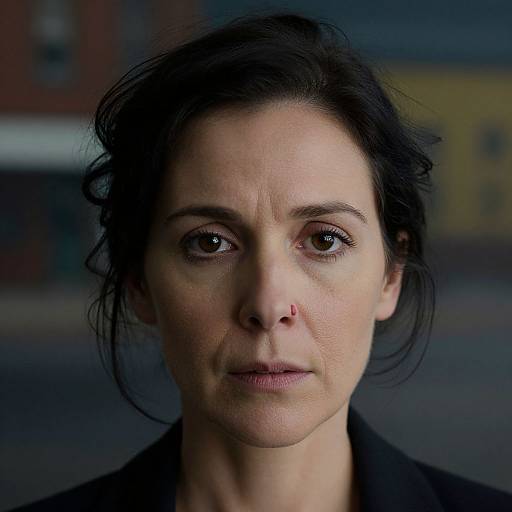 Photograph of a serious-looking woman with dark hair, fair skin, brown eyes, and a small red nose stud, standing against a blurred urban background