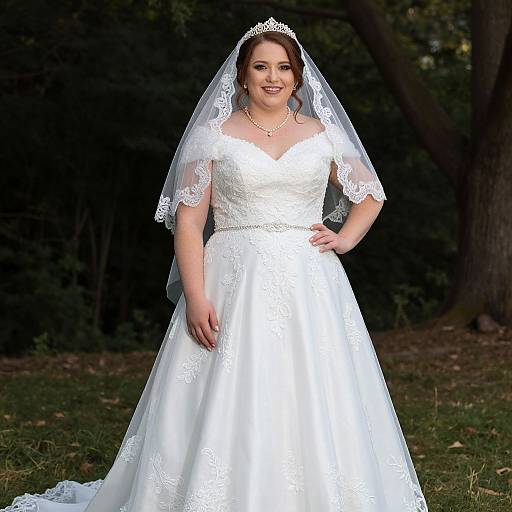 Photograph of a smiling, fair-skinned bride in a white lace wedding dress with a veil, standing in a forest clearing.
