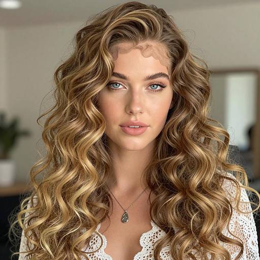 Young woman with curly blonde lace frontal wig