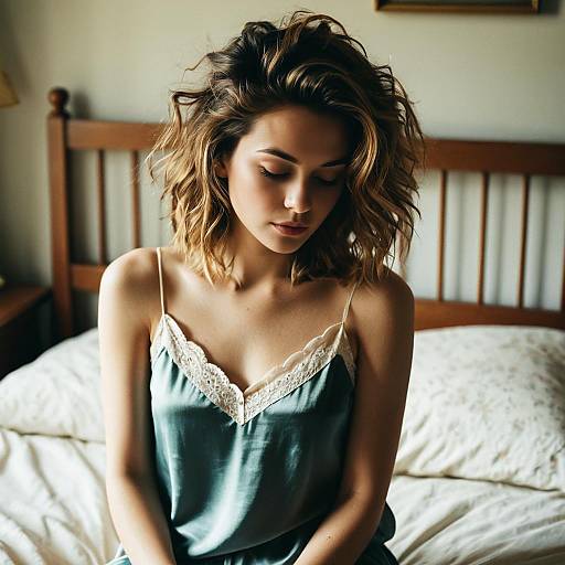 Young woman with bedhead hairstyle in silk camisole