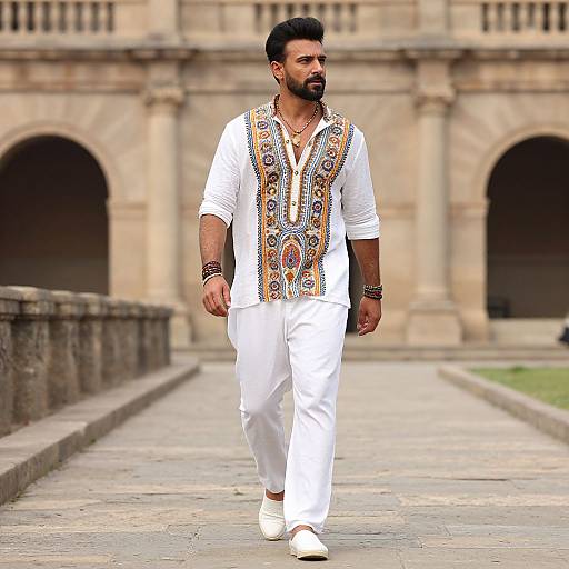 Stylish Bearded Man Walking Ancient Path