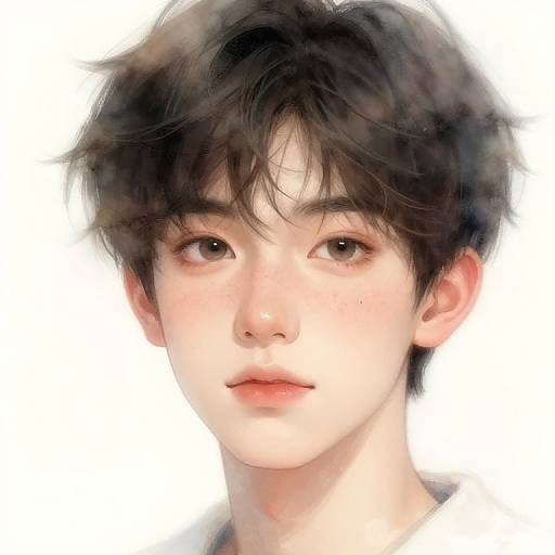 Digital portrait of an Asian young man with pale skin, messy black hair, brown eyes, and a neutral expression, set against a white background.