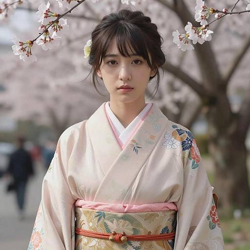 Young Woman in Kimono with Cherry Blossoms