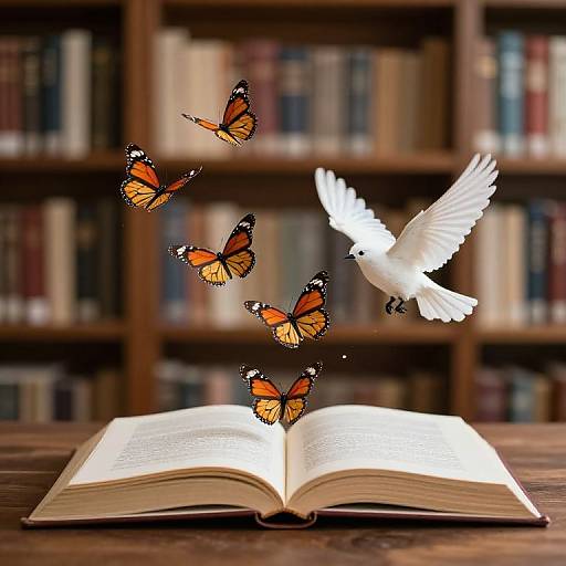 Photograph of an open book on a wooden table with five orange and black butterflies and a white dove flying around. Blurred bookshelves in background