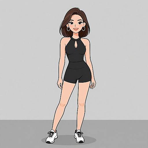 Digital drawing of a smiling young woman with short brown hair, wearing a black halter-neck romper, white sneakers, and hoop earrings, standing against