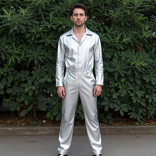 Photograph of a man with short dark hair and a beard, wearing a shiny silver jumpsuit, standing in front of dense green foliage.
