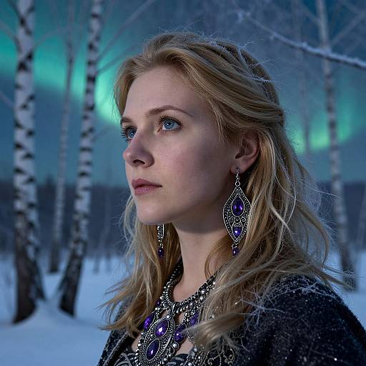 Photograph of a blonde woman with blue eyes, wearing intricate purple earrings and necklace, standing in a snowy forest with birch trees and a blue-green