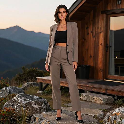 Elegant Woman at Mountain Cabin Sunrise
