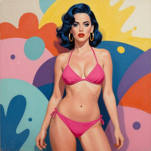 Digital artwork of a curvy woman with blue hair, wearing a pink bikini, standing against a colorful abstract background. Bold makeup, gold hoop earrings,