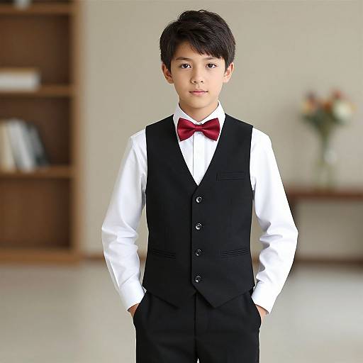 Photograph of a young Asian boy with short black hair, wearing a white shirt, black vest, and red bow tie, standing confidently with hands in