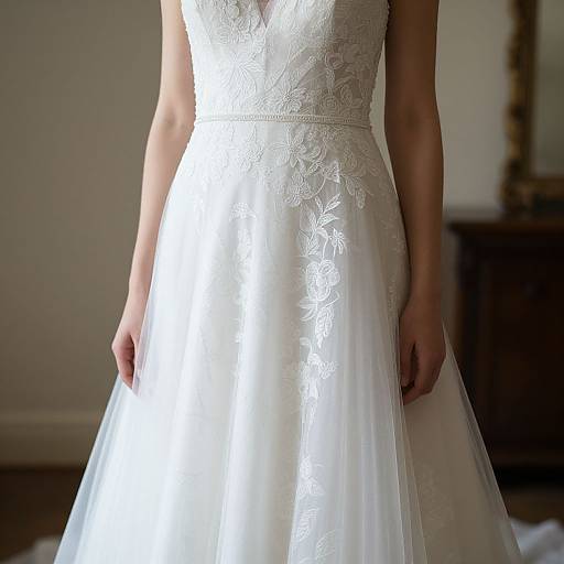 Photograph of a bride's waist to waist, wearing an elegant white lace and tulle wedding dress, with delicate floral embroidery, in a softly lit