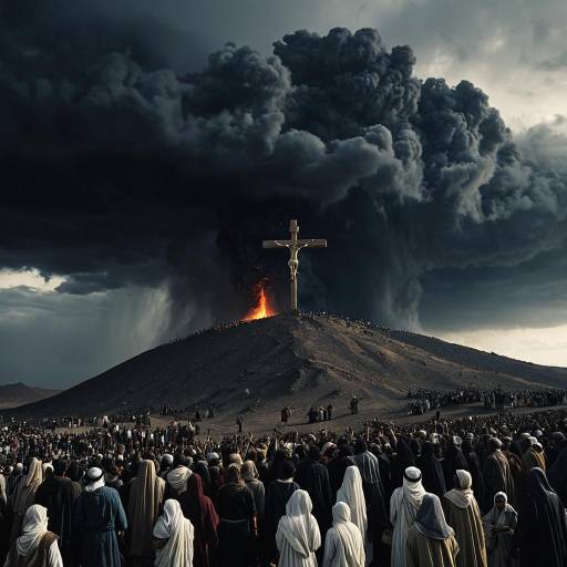 Jesus on Cross in Volcanic Desert with Mourning Crowd