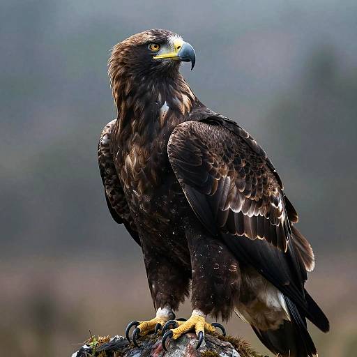Photograph of a majestic, dark brown hawk with yellow eyes and beak, perched on a mossy rock, set against a blurred, forest