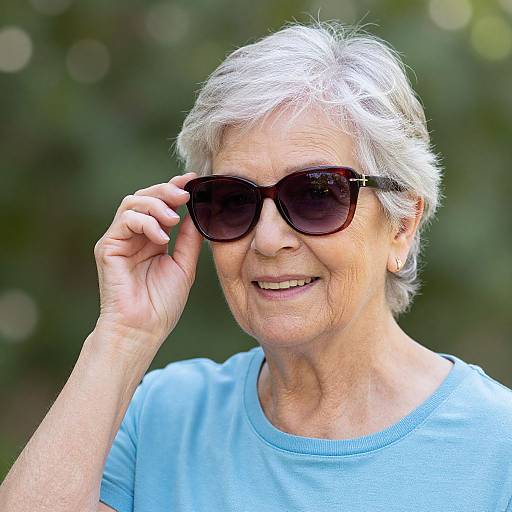 Photograph of an elderly woman with short white hair, wearing black sunglasses, a light blue shirt, and smiling, adjusting her sunglasses against a blurred green