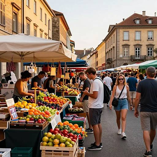 Bustling European Street Market with Fresh Fruits