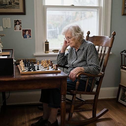 Photograph of an elderly woman with short white hair, glasses, and patterned shirt, deeply focused on a chessboard in a sunlit, blue