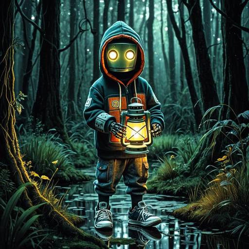Robot with Lantern in Enchanted Swamp