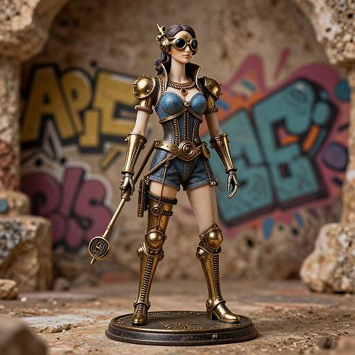 Photograph of a detailed sci-fi action figure with gold armor, blue denim shorts, and goggles, standing in a graffiti-covered, rocky cave.