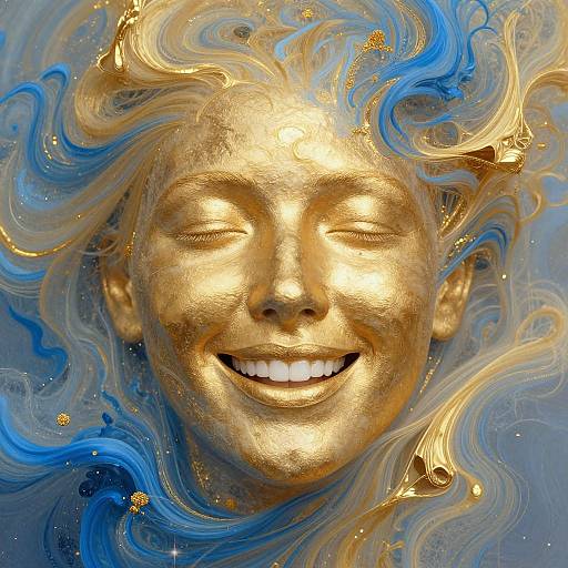 Digital art of a golden, smiling face with closed eyes, surrounded by swirling blue and gold abstract waves, resembling a celestial or cosmic theme.