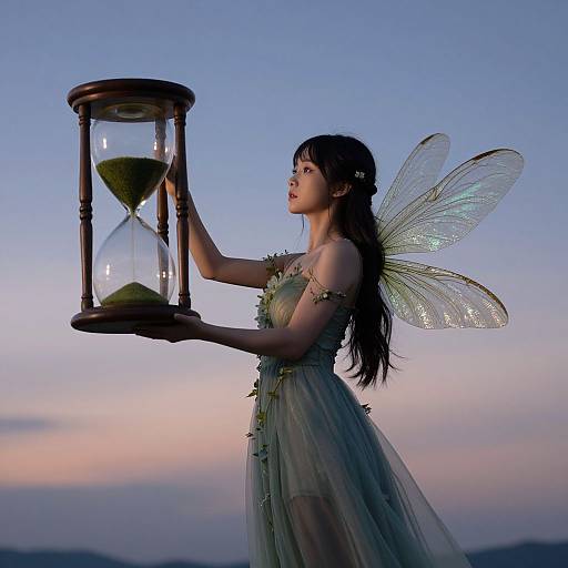 Photograph of a fairytale fairy with translucent wings, wearing a green, leafy dress, holding an hourglass against a twilight sky.