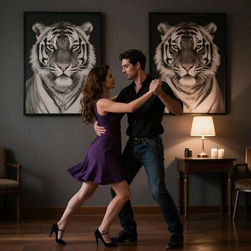 Dimly Lit Couple Dancing with Tiger Portraits