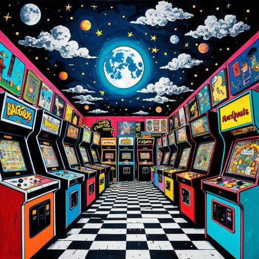 Surreal Retro Arcade with Neon Cabinets and Super Moons