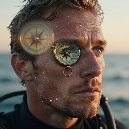 Photograph of a serious, wet-haired man with two compasses superimposed over his eyes, set against a sunset seascape background.