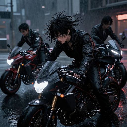 Photograph-like digital artwork of three wet-haired, black-leather-clad motorcyclists with illuminated headlights, riding through a rainy urban night, neon