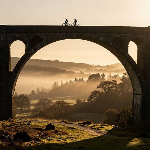 Photograph of two cyclists silhouetted on a stone arch bridge at sunrise, with mist-covered rolling hills and trees in the background.