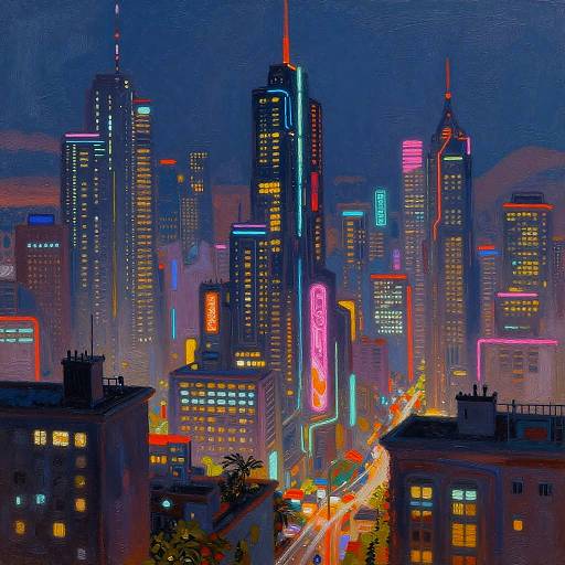 Digital painting of a neon-lit, futuristic city skyline at night, showcasing colorful skyscrapers with vibrant blue, pink, and red lights, illuminated