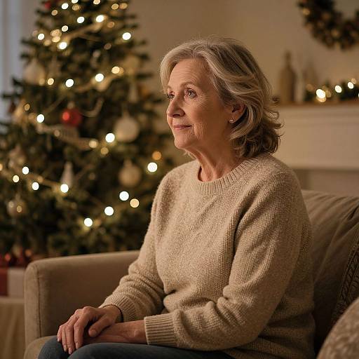 Photograph of an elderly woman with short gray hair, wearing a beige sweater, sitting in a warmly lit living room with a decorated Christmas tree in the
