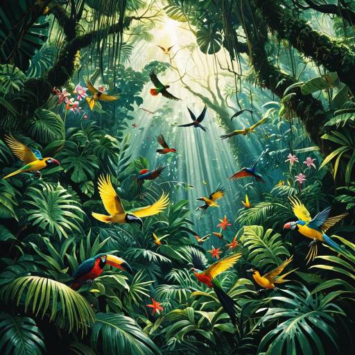 Rainforest canopy with vibrant tropical birds