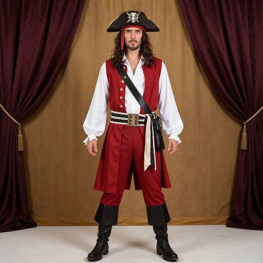 Photograph of a bearded man in a pirate costume: black tricorn hat, white shirt, red vest, pants, black boots, brown backdrop