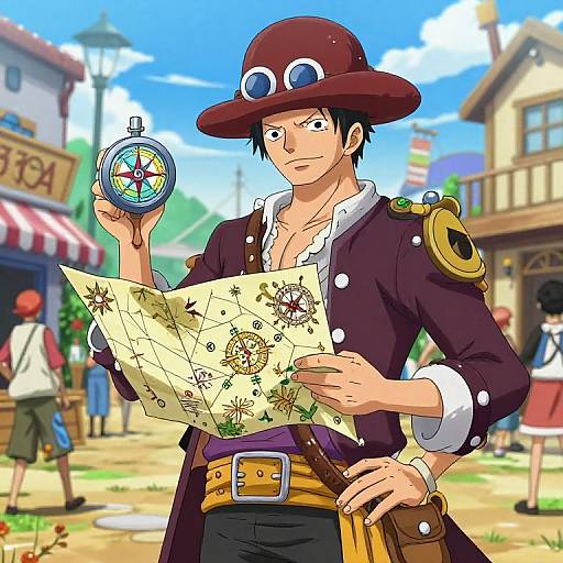 Anime-style illustration of a confident, black-haired man in a maroon hat with goggles, holding a compass and map in a vibrant, medieval town market