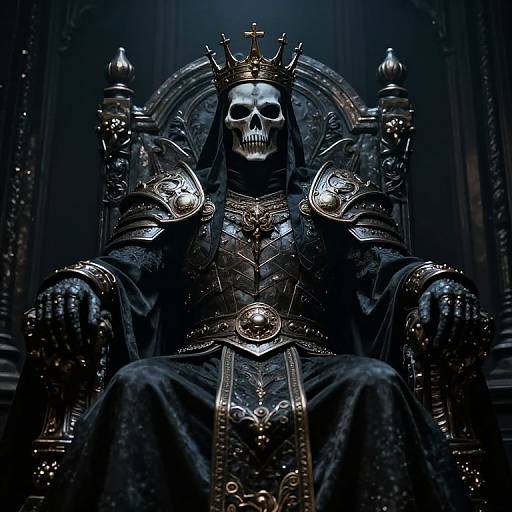 Dark, gothic illustration of a skeletal figure in ornate, metallic armor and crown, seated on an elaborate, throne-like chair.