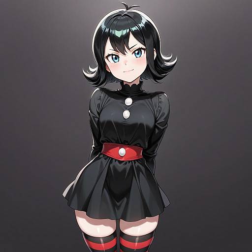 Anime Girl in Black Dress and Striped Thigh-Highs