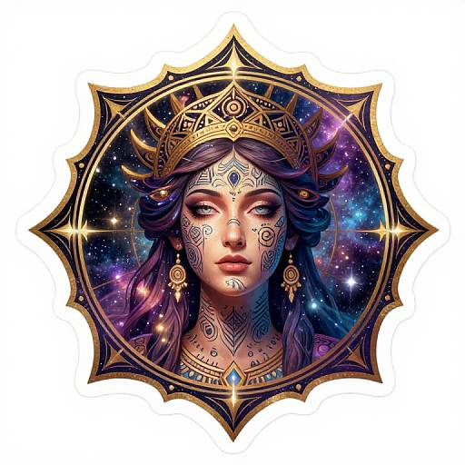 Digital artwork of a mystical, tattooed woman with purple hair, celestial background, gold crown, and ornate frame, exuding otherworldly beauty