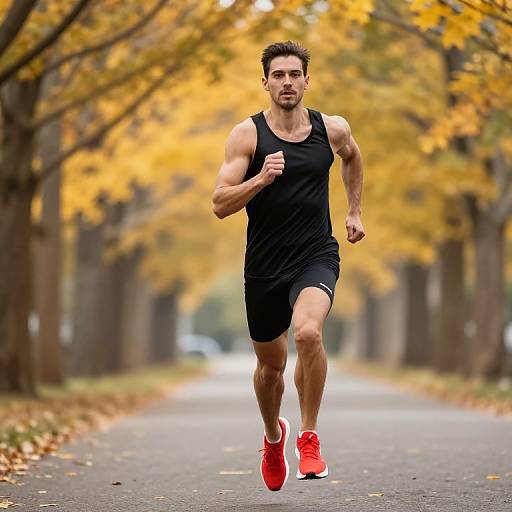 Energetic Athlete Sprinting in Autumn