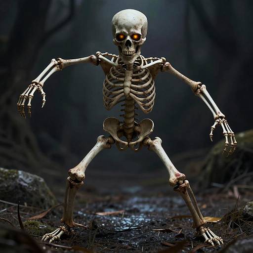 Photograph of a glowing, skeletal figure with orange eyes standing in a dark, eerie forest with rocks and a muddy path.