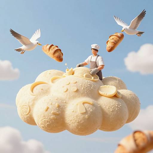 Digital artwork of a chef in a white hat and apron, standing on a puffy cloud, surrounded by two seagulls carrying baguettes
