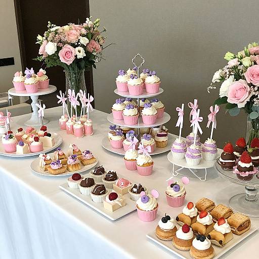 Photograph of a cake table adorned with pink cupcakes, small desserts, and fruit, topped with white butterfly flags. Floral arrangements in glass vases flank