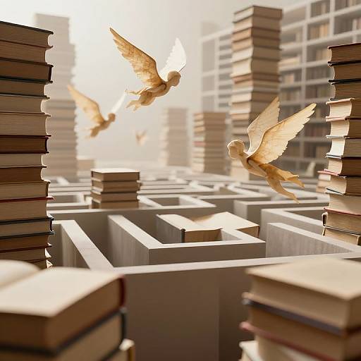 Photograph of two golden-winged doves flying through a maze of stacked books in a sunlit cityscape background.